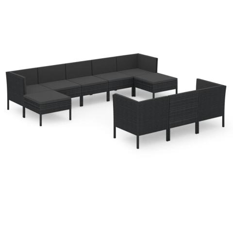 Salon de jardin meuble d'extérieur ensemble de mobilier 10 pièces avec coussins résine tressée noir 02_0015173