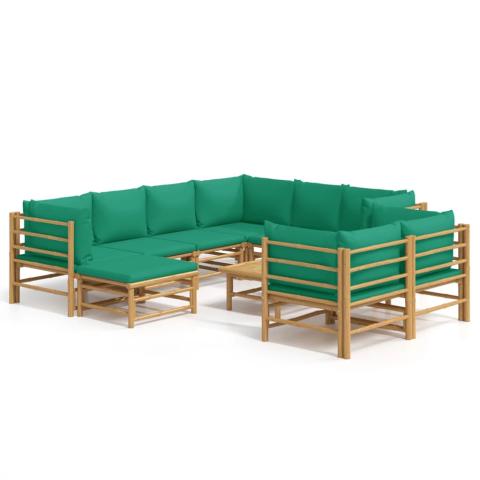 Salon de jardin meuble d'extérieur ensemble de mobilier 10 pièces avec coussins vert bambou 02_0015191