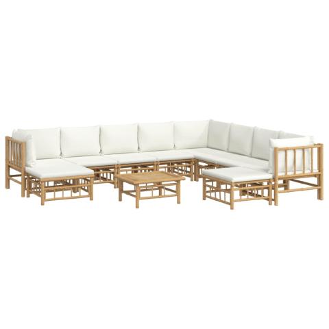 Salon de jardin meuble d'extérieur ensemble de mobilier 11 pièces avec coussins blanc crème bambou 02_0015302