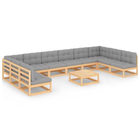 Salon de jardin meuble d'extérieur ensemble de mobilier 11 pièces avec coussins bois de pin massif 02_0015312
