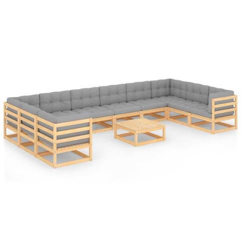Salon de jardin meuble d'extérieur ensemble de mobilier 11 pièces avec coussins bois de pin massif 02_0015313