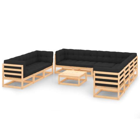 Salon de jardin meuble d'extérieur ensemble de mobilier 11 pièces avec coussins bois de pin massif 02_0015314