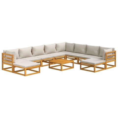 Salon de jardin meuble d'extérieur ensemble de mobilier 11 pièces avec coussins gris clair bois massif 02_0015343
