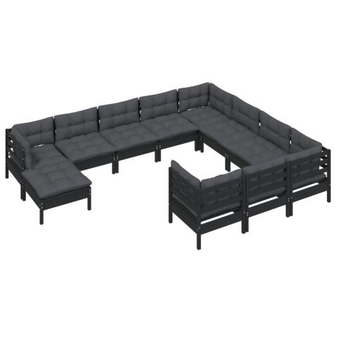 Salon de jardin meuble d'extérieur ensemble de mobilier 11 pièces avec coussins noir bois de pin 02_0015384