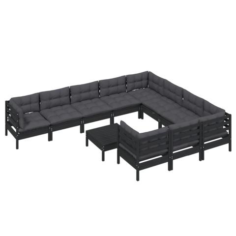 Salon de jardin meuble d'extérieur ensemble de mobilier 11 pièces avec coussins noir bois de pin 02_0015385