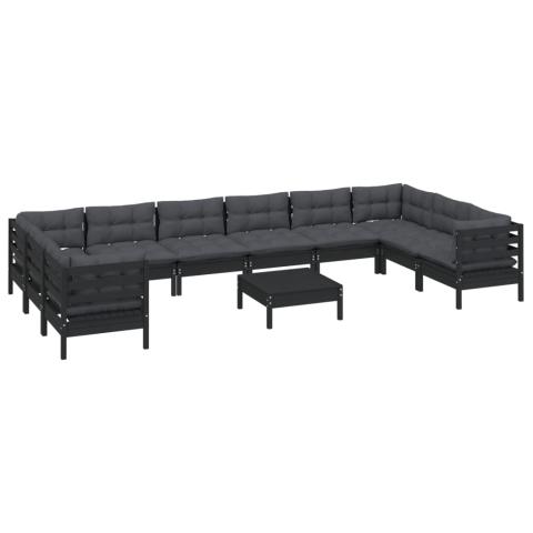 Salon de jardin meuble d'extérieur ensemble de mobilier 11 pièces avec coussins noir bois de pin 02_0015386