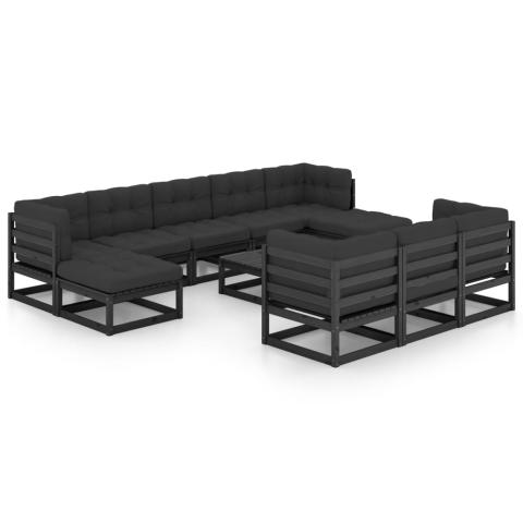 Salon de jardin meuble d'extérieur ensemble de mobilier 11 pièces avec coussins noir bois de pin massif 02_0015389