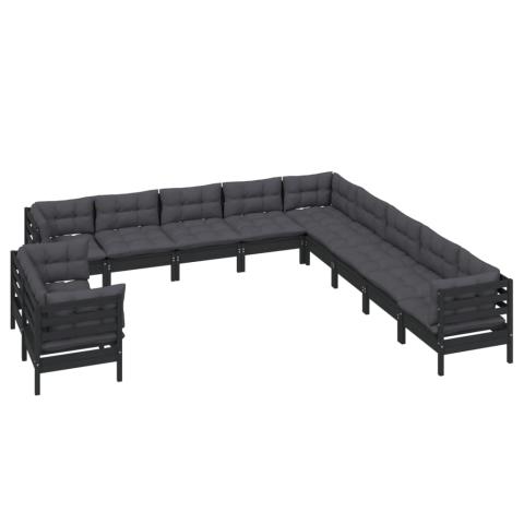 Salon de jardin meuble d'extérieur ensemble de mobilier 11 pièces avec coussins noir bois de pin massif 02_0015391