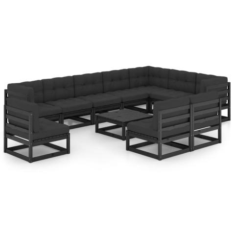 Salon de jardin meuble d'extérieur ensemble de mobilier 11 pièces avec coussins noir bois de pin massif 02_0015392
