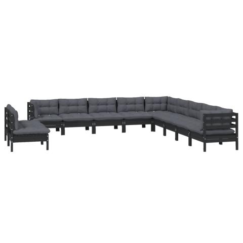 Salon de jardin meuble d'extérieur ensemble de mobilier 11 pièces avec coussins noir bois de pin solide 02_0015396