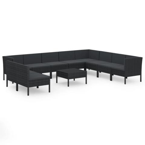 Salon de jardin meuble d'extérieur ensemble de mobilier 11 pièces avec coussins résine tressée noir 02_0015454