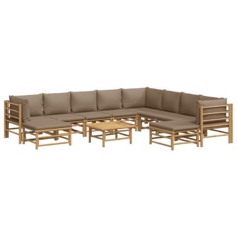 Salon de jardin meuble d'extérieur ensemble de mobilier 11 pièces avec coussins taupe bambou 02_0015458