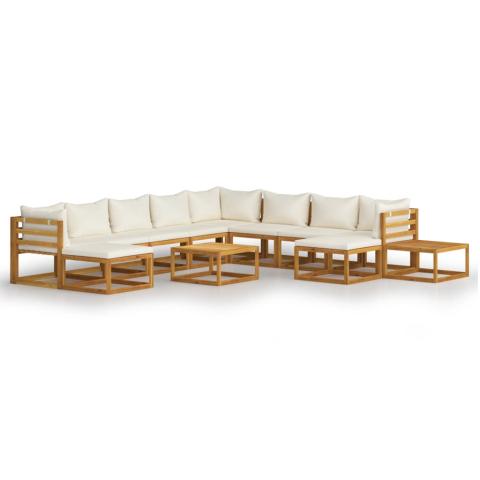 Salon de jardin meuble d'extérieur ensemble de mobilier 12 pièces avec coussin crème bois d'acacia solide 02_0015530