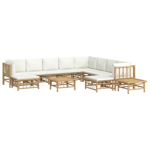 Salon de jardin meuble d'extérieur ensemble de mobilier 12 pièces avec coussins blanc crème bambou 02_0015545
