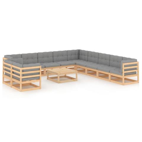 Salon de jardin meuble d'extérieur ensemble de mobilier 12 pièces avec coussins bois de pin massif 02_0015551