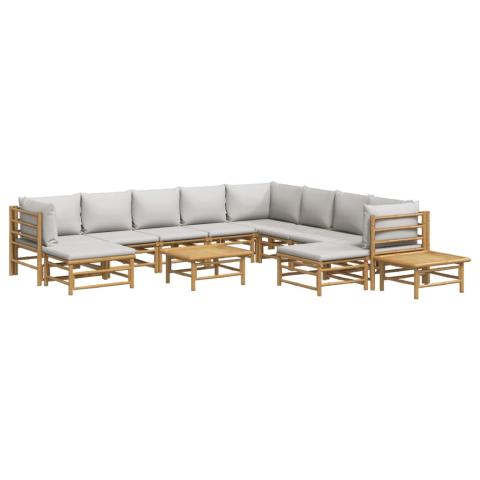 Salon de jardin meuble d'extérieur ensemble de mobilier 12 pièces avec coussins gris clair bambou 02_0015585