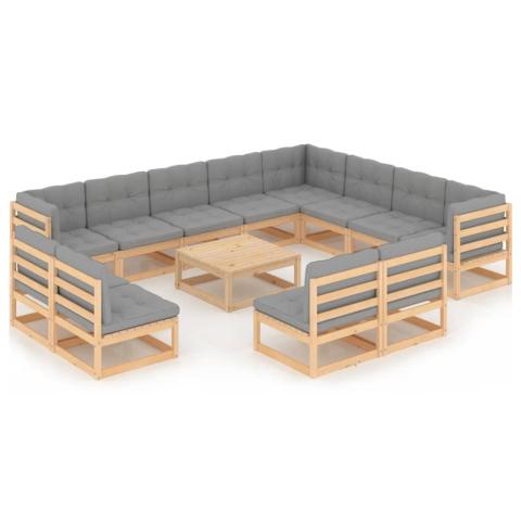 Salon de jardin meuble d'extérieur ensemble de mobilier 13 pièces avec coussins bois de pin massif 02_0015729