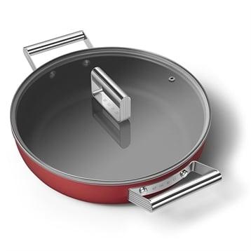 Sauteuse aluminium antiadhésive 28 cm rouge mat avec couvercle en verre trempé Smeg
