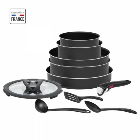 Seb compact L2599102 Set 10 pieces : 2 Poeles 24/26cm + 2 Casseroles 16/18cm + 1 Sauteuse 24cm + 3 ustensiles + 1 Poignée amo…