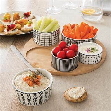 Service apéritif plateau bambou 24,5 cm et 5 coupelles en porcelaine motifs graphiques Mathon Service apéritif plateau bambou 24,5 cm et 5 coupelles en porcelaine motifs graphiques Mathon