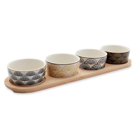 Service apéritif plateau bambou ovale 38 cm et 4 coupelles porcelaine imprimé boréal Mathon Service apéritif plateau bambou ovale 38 cm et 4 coupelles porcelaine imprimé boréal Mathon