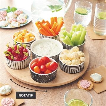 Service apéritif  plateau tournant bambou 30 cm 7 coupelles porcelaine motifs graphiques Mathon