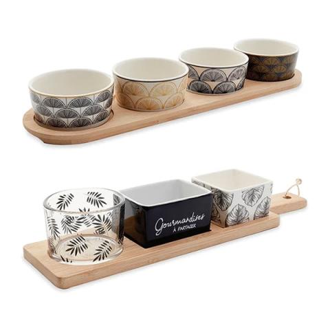 Set de 2 plateaux apéritifs bambou et porcelaine 3 et 4 coupelles Set de 2 plateaux apéritifs bambou et porcelaine 3 et 4 coupelles
