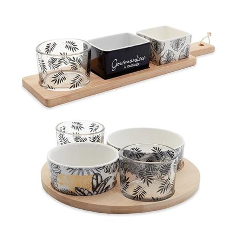 Set apéritif planche 3 coupelles et plateau rond 4 coupelles