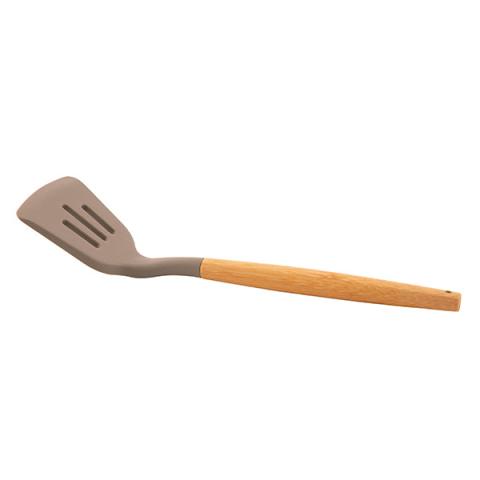 Spatule à fentes en silicone avec manche en bambou 32 cm taupe Point Virgule